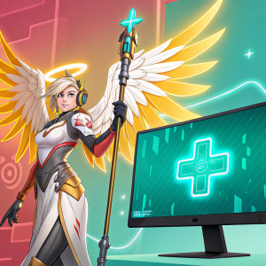 Overwatch character Mercy themed desktop wallpaper. Bright color palette, gamer aesthetic