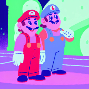 Digital 3D render of Mario and Luigi, the iconic Super Mario Bros characters. Luigi stands slightly behind Mario, who sports a red cap and mustache. Both are in a vibrant, cartoonish setting with a simplistic design.