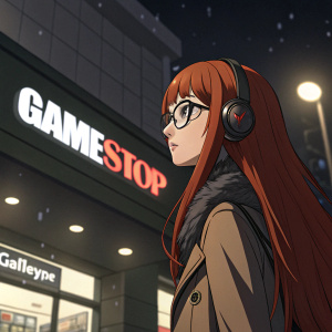 Digital art featuring character Futaba from Persona 5, long red hair, glasses. Dark background, Gamestop storefront in foreground