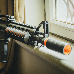 Matrix Speed M203 Grenade Launcher for M4 and M16 series airsoft rifles. Black with orange accents. Detailed image with plain white backdrop.