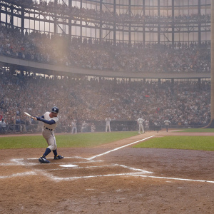 Avisail Garcia, wearing Detroit Tigers jersey, strikes a dynamic pose at home plate. A packed stadium and teammates in the background. Realistic photo capturing intense moment in baseball game.