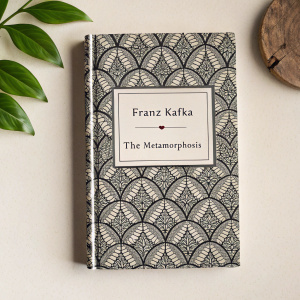 Close-up of a book cover for 'The Metamorphosis' by Franz Kafka. The cover features a textured black and white pattern with French text detailing the author and title. Simple, neutral background.