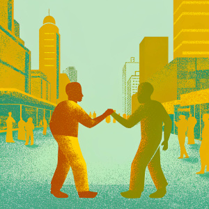 Digital artwork showcasing a bustling Hong Kong street scene from 'Chungking Express', featuring two characters in an animated interaction