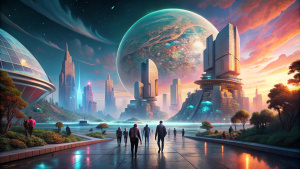 create a sci-fi visualization of the future world with people walking
