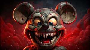 Mickey mouse de Disney, super mega terrorifico con dientes afilados y ojos muy rojos con sangre