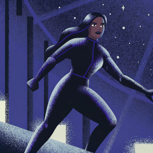 Mirari Rohan, a student at East High School in Neutropolis, wears a sleek bodysuit. Long dark hair cascades down her back. Digital illustration in grayscale tones, showcasing her competitive nature.