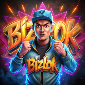 3D illustration of the nam  "BIZLOK" which is clearly legible and spelled correctly in a bright neon graffiti style, above which is a super realistic character of an Indonesian young man wearing a flat cap hat, blue t-shirt,   while showing his fists to the camera. rendered in dark art ultra-realistic caricature in HD, 8K, with typography and cinematic elements.