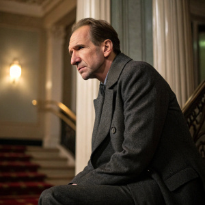Ralph Fiennes, British actor, in a somber pose. Wearing a charcoal suit at the premiere event.
