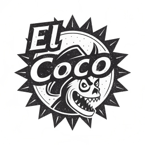 Design concept for 'El Coco' logo. Black and white illustration with jagged-edged font and graphic depiction of a sinister creature. Bold, modern, and dynamic appearance