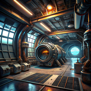 spaceship engine room. Try to be realistic. Open space in the background. With a lot of machines and dirty