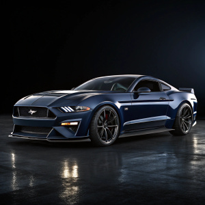 Digital 3D render of the Ford Mustang Galpin Rocket Concept Car. Dark blue, sleek design. Smooth curves and aerodynamic lines. Centered on black background, subtle lighting