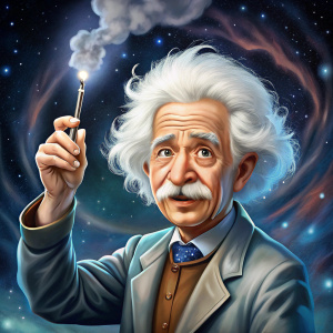 dibuja una caricatura de albert einstein con una pipeta en una mano y con la otra mano apuntando al cielo