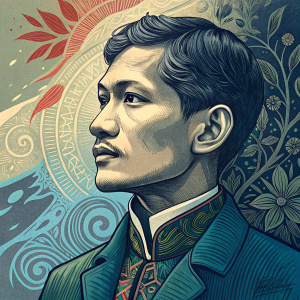 Jose Rizal depicted in a modern digital artwork. Vibrant colors including blue, gray, and green. Complex patterns and dynamic shading in the background.