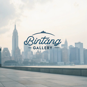 Digital design for 'Bintang Gallery'. Modern logo in elegant script. Muted color palette of grays. Soft, blurred cityscape background