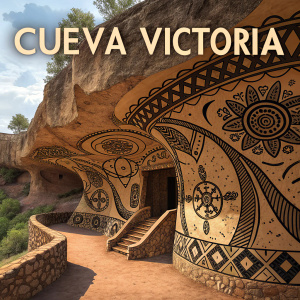 Digital illustration for Cueva Victoria Cartagena featuring intricate brown and black designs. Text prominently displayed.