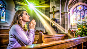 Mujer de rodillas orando en la iglesia, una luz divina sobre ella.
