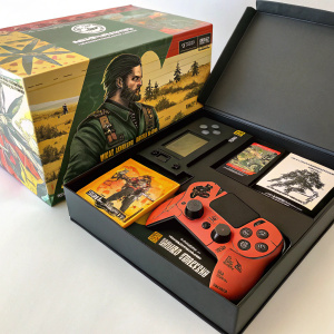 Unboxing the Metal Gear Solid: Peace Walker game. Box open revealing game details and images. The console game packaging is vibrant and detailed.