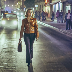 Florence Pugh, in a stylish brown leather jacket and black jeans. Walking down a busy city street at night.