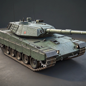 Digital illustration of a Leopard 2A7 tank. Realistic 3D render. Main gun positioned on turret. Tank is painted in a subtle gray-green camouflage pattern.