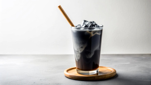 iced activated charcoal latte, with straw detox drinkisolated on white background