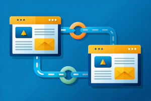 Create a flat design illustration depicting the concept of "Definition and explanation of a nofollow link" without using text.

Guidelines:

Visualize two websites connected by a link, one with the nofollow attribute indicated.
Use arrows or visual cues to show the flow of link juice without following the link for crawling and indexing.
Ensure clarity and appeal to a broad audience.
Use a complementary color palette and maintain visual consistency.
Experiment with compositions and visual metapho