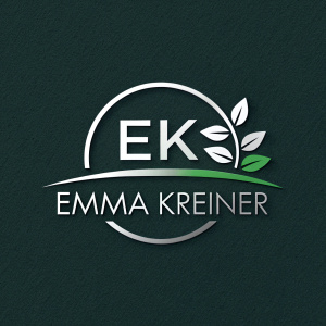 A sleek and modern logo for Emma Kreiner. The design features an abstract 'EK' intertwined with a minimalist leaf, symbolizing growth and innovation.