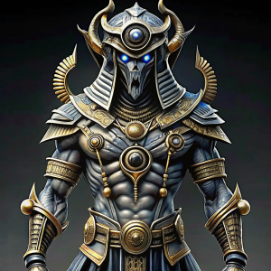 Highly detailed stylized, futuristic full-length body of an ancient Egyptian soldier. Sci-fi style. On the soldier's head is a stylized, futuristic, gold combat helmet in the ancient Egyptian style. On the soldier's face there are ancient Egyptian tattoos in the Celtic style. Realistic, ultra-red eyes with ancient Egyptian blue makeup. Battle armor made of silver with golden, stylistic hieroglyphs. On the feet are stylistic, silver combat boots.