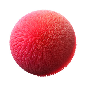 a red pom-pom, different angle floats with a gap between it, rounded corders, soft dust material, soft pink light