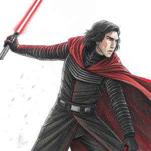 Sketch of Kylo Ren from Star Wars. Dramatic pose, dark and light tones, red accents. White background.