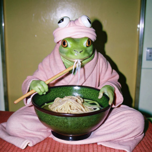  Cute frog in a Towelling turban and the bathrobe is sitting at Japanese Ramen restaurant and eating long and thick noodles from a huge bowl of ramen using chosticks 