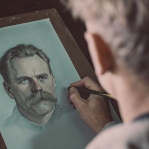 Realistic pencil sketch of Friedrich Nietzsche's face. Emphasis on detailed contours and facial features. Close-up of the upper face. Grayscale with varying shades of gray for depth and texture.