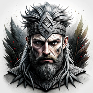 walhalla, viking warrior,  runics face, black work, white backrounds