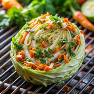 сгенерируй фото для рецепта Cabbage Carrot Coleslaw with Cilantro только капуста в начале готовиться на гриле , а затем добавляеться в салат