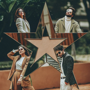 A vibrant collage featuring Bollywood stars in diverse outfits and poses. Against a sleek, modern backdrop, each star's unique fashion sense shines through.