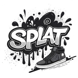 Dynamic black and white illustration featuring the word 'SPLAT' in a graffiti-inspired font. Ink splashes and drips surround the text, adding an energetic vibe. Bold lines and shapes.