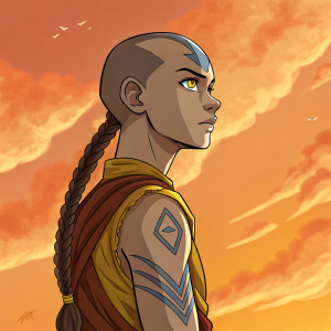 Illustration of Aang from Avatar The Last Airbender. Yellow eyes, long braid, blue arrow tattoos, orange skies.