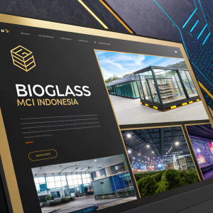 A promotional webpage for Bioglass MCI Indonesia. Dominated by a sleek black and gold color scheme, interspersed with blue and purple accents. Featured prominently are the company logo and various high-quality product images.