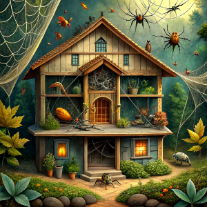 Insects spin their webs in a realistic house