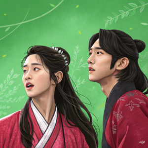 Digital artwork of characters from 'Moon Lovers: Scarlet Heart Ryeo'. Vibrant green background