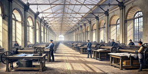 19th century New York Times printing room, plank floor. Printers in caps at work.