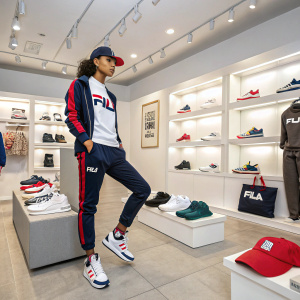 Fila Latin's online store showcasing a variety of products including sneakers, casual wear, and accessories. A model wearing Fila gear poses in the foreground.