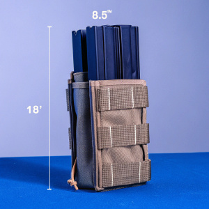 Product photo showcasing the Maxpedition magazine pouch designed for M14, M1A, SR-25, FAL, SCAR-H, and G3 rifles. Pouch constructed from multi-compartment mesh fabric with a structured design in tan color. Dimensions: 12 inches width, 3 inches depth, and 8 inches length.