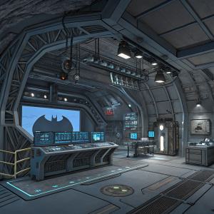 High-tech Batcave interior for Batman: The Telltale Series Season 2. Complex machinery and equipment. Gray and blue color scheme. Detailed and intricate digital illustration.