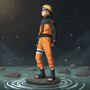 Digital illustration of Naruto Uzumaki. Naruto, dressed in Konoha ninja outfit, orange and black. Stands on a platform of rocks, surrounded by water. Dark background, dramatic lighting