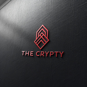 The Crypty logo. Deep red, abstract text on a black backdrop. Modern, textured, and minimalist design. Below, The Crypty name in clean sans-serif font. Sleek and bold color contrasts.