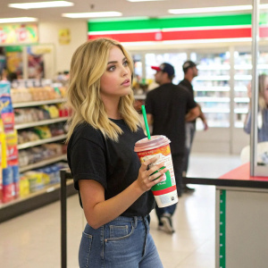 Ashley Benson visiting a 7-Eleven store, holding a large Slurpee. She's wearing a casual black t-shirt and jeans. Background is bustling store interior.