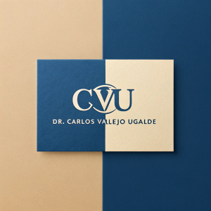Creative digital branding for Dr. Carlos Vallejo Ugalde. Modern logo design in blue and tan tones.