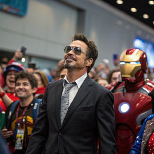 Robert Downey Jr., dressed as Tony Stark, at a comic-con convention. Crowded, energetic atmosphere