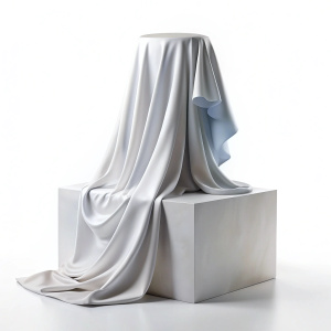 statue on cube podium draped with white satin cloth, white background, png