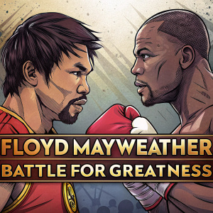 Cartoon illustration of Manny Pacquiao and Floyd Mayweather facing off. Digital art style with bold outlines and vibrant colors. Battle for greatness text in center.